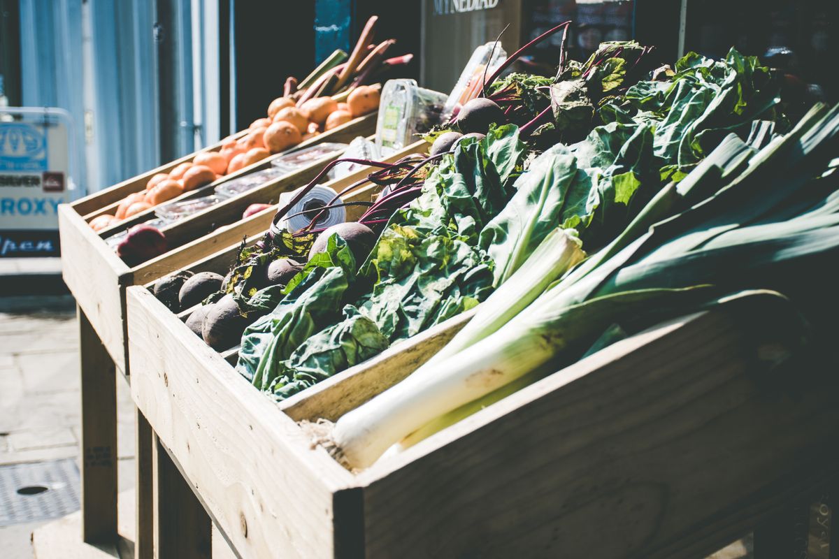 Fresh fruit and vegetables on display at a farm shop